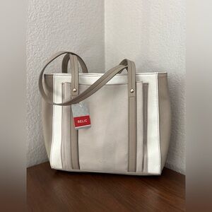 Relic Beige and White Tote Bag